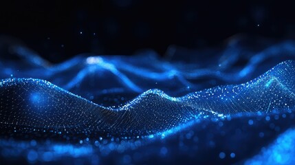 Abstract technological background showing blue glowing particles and interconnected lines moving in wavy patterns, representing big data, global communication, and innovative technology concepts