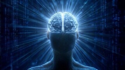 Futuristic silhouette of a human head with a glowing blue brain radiating light rays. Concept of artificial intelligence, mind power, digital innovation, and cybernetic data processing.