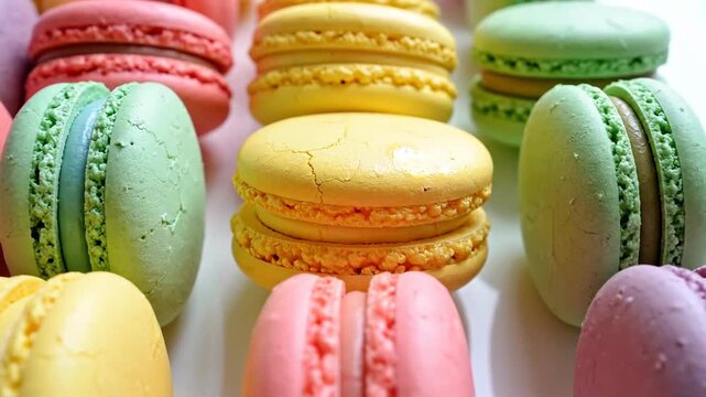 Rows of vibrant pastel macarons arranged beautifully, showcasing delicious sweet treats