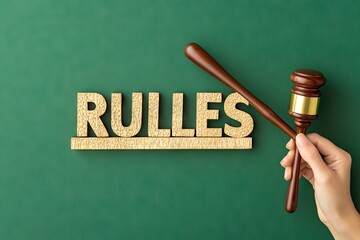 Wooden letters spelling "RULES" atop a green surface, with a gavel held by a hand