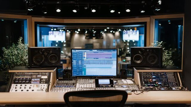 346Interior of professional studio with focus on studio monitors, cables, and patch bays, reflections and shadows emphasizing the precision of music production