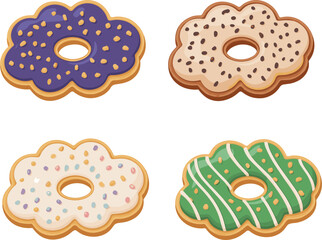 Set of four cloud-shaped cookies, frosted donuts, sprinkles, sweet baked dessert, colorful pastry illustration