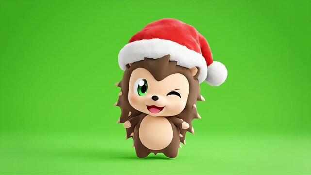 Cute animated 3D hedgehog character wearing a red Santa hat, winking playfully on a vibrant green background, perfect for holiday greetings, children's content, and festive educational videos.