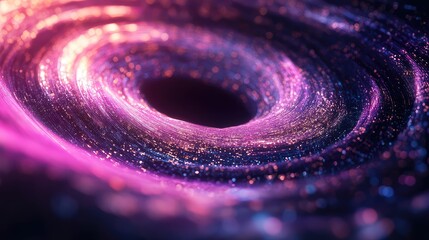 Abstract stream of glowing pink and blue particles swirls into a dark central point, illustrating concepts of data flow, futuristic technology, and big data visualization