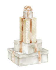 Gift watercolor illustration with stacked Present boxes and Ribbons. Art with party elements for shower greeting cards or childish birthday invitations. Pastel drawing for kids holiday design.