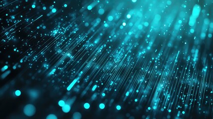 Glowing blue particles and streaking lines form a dynamic digital network visualization, evoking fast data transfer, global communication, and futuristic technology connections