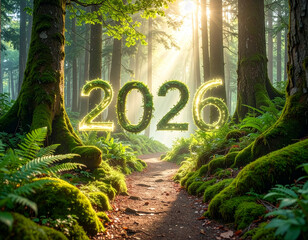 Glowing 2026 Golden Lights on Sunny Forest Path - Magical Nature.