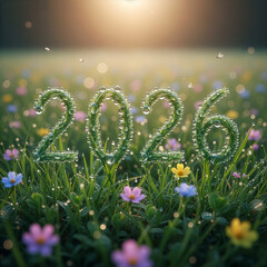 2026 New Year Number Made of Fresh Green Grass with Morning Dew Droplets in Spring Meadow. Ai generative image