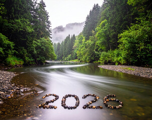 2026 New Year Concept Made of River Stones in Flowing Stream - Nature and Zen Landscape. Ai generative image