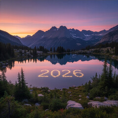 2026 New Year Glowing Lights Floating on Calm Mountain Lake with Sunset Reflection - Scenic Nature Landscape. Ai generative image