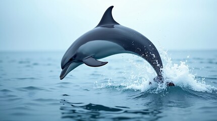 Fototapeta premium A dark gray-and-white dolphin curves mid-leap above rippling blue ocean water, its tail kicking up a bright splash.