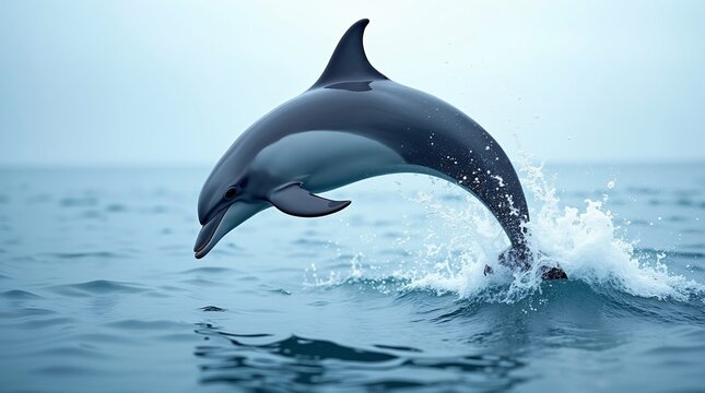 A dark gray-and-white dolphin curves mid-leap above rippling blue ocean water, its tail kicking up a bright splash. - Powered by Adobe