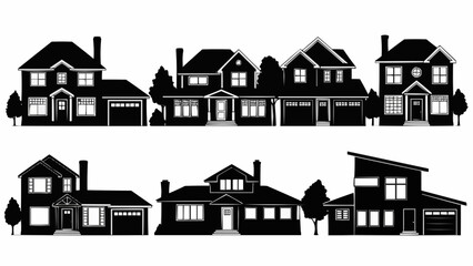 Collection of Diverse Residential House Silhouettes in Black and White.