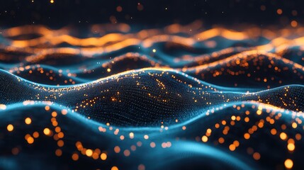 Digital particles creating a dynamic wavy surface, representing vast data flow, connectivity, and abstract technology concepts in an illuminated, interconnected network