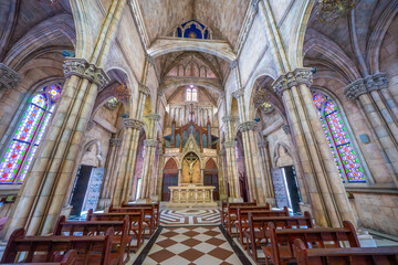 Catholic church on the square in the French village in Ba Na Hills Park, Danang, Vietnam.