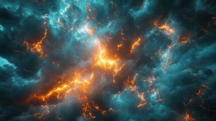 Dark storm clouds crackling with vibrant orange electrical currents and glowing blue plasma, an intense, cosmic feeling abstract background evoking power, motion, and energy