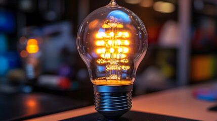 Bright Vintage Light Bulb in Stylish Setting,Shining light bulb and futuristic tablet showcase learning and business progress, embodying digital skills and virtual education