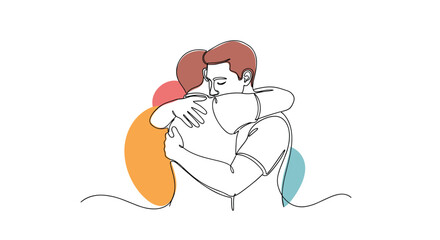 Obraz premium A continuous line drawing of a couple embracing in a warm hug, with abstract colorful shapes in the background symbolizing deep emotion.