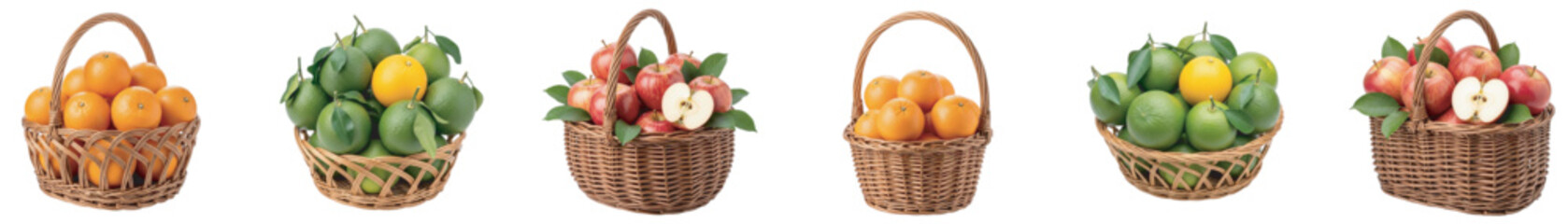 A vibrant arrangement of fresh oranges, zesty limes, and crisp red apples in wicker baskets