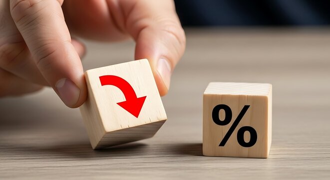 Hand placing wooden block with red down arrow next to percentage symbol block, illustrating interest rate reduction.