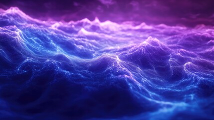 Abstract network of electric particles forming glowing blue and purple waves, representing data flow, sound visualization, or energy in a futuristic digital environment