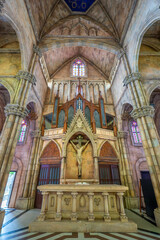Catholic church on the square in the French village in Ba Na Hills Park, Danang, Vietnam.