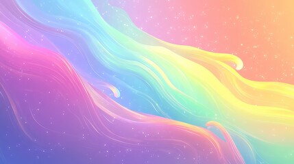 Abstract colorful waves creating a smooth, vibrant gradient moving from purple to orange with delicate sparkling elements, forming an ethereal and flowing digital background