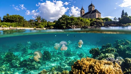 Coastal split view church above, ocean life below