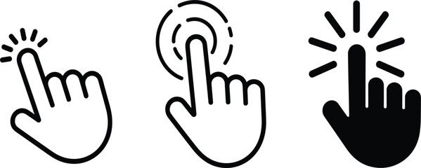 Set of hand click, tap, and cursor icons, pointer symbol, user interface, touch screen, web graphic design