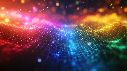 Colorful particle wave forms an abstract network grid, representing digital information flow, technology connections, and vibrant energy in a conceptual data visualization background