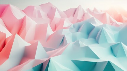 Low poly abstract landscape of pastel pink and blue geometric planes and soft gradients, minimalist 3d terrain evoking serene, futuristic digital background and subtle texture