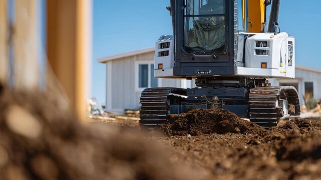 Close-up of mechanical compactor pressing soil above installed utility lines near small house