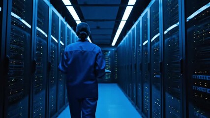 IT Professional Navigating a Modern Data Center Aisle, Surrounded by Glowing Server Racks and Advanced Network Infrastructure, Representing Digital Innovation and Cloud Technology