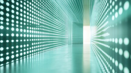 Futuristic tunnel featuring glowing dots on walls and ceiling, creating an abstract pathway to a bright light representing technology, data flow, progress, and innovation