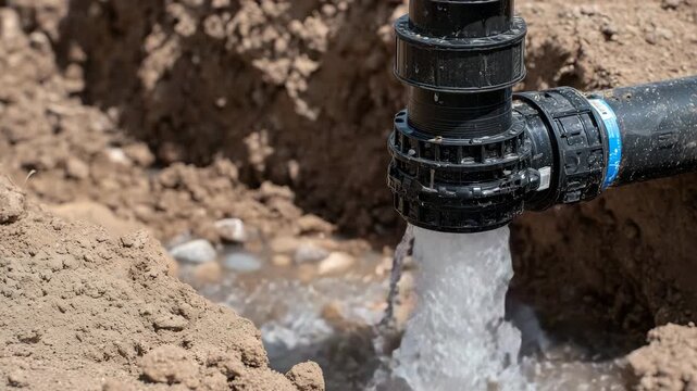 Close-up of modern cottage under construction with visible water main connection pipe in the yard