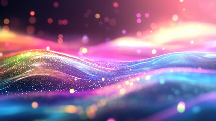 Abstract glowing particle waves creating a vibrant, dynamic background, representing data flow, network communication, and technological connections with shimmering light effects