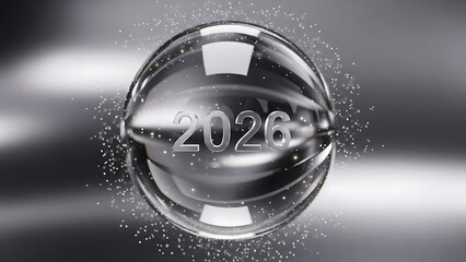 Transparent glass sphere with metallic 2026 reflection and sparkling particles on dark gradient background