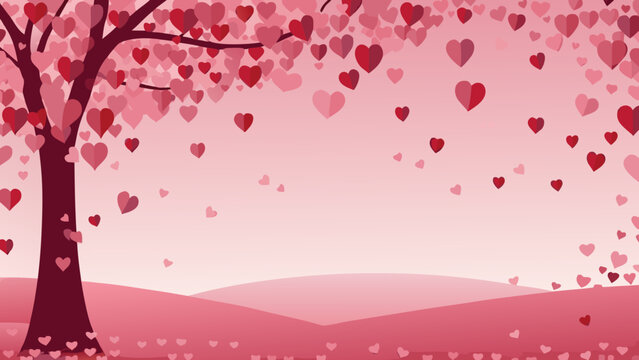 A romantic illustration of a tree with hearts falling like leaves on a pink background