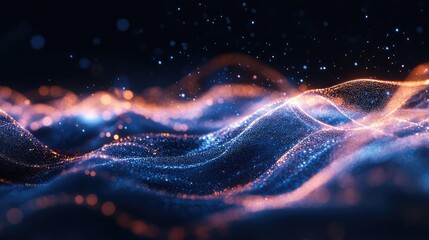 Abstract digital wave of glowing particles forming a dynamic flow, representing complex data analytics, technology, and energy moving across connected information networks