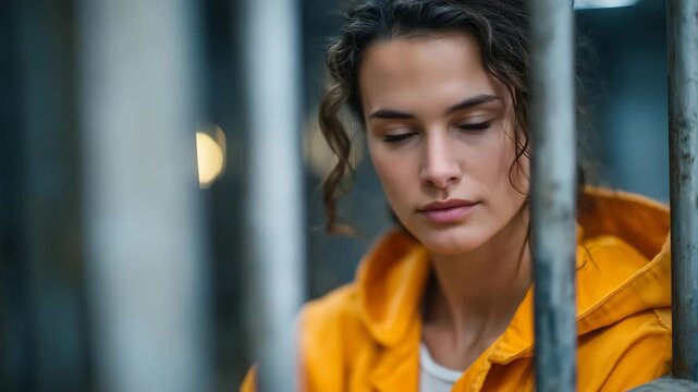 Close-up of scared female prisoner in orange clothing, holding cold steel bars, subtle bokeh of blurred cell walls in background, tense and claustrophobic atmosphere