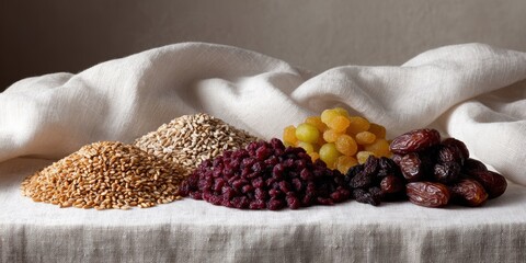 food photography, seven species piles in a high-quality wide-angle display on a white cloth, revealing their texture and perfectly lit