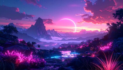 A breathtaking landscape bathed in ethereal neon light, featuring mountains, clouds, and a celestial ring in the vibrant sky
