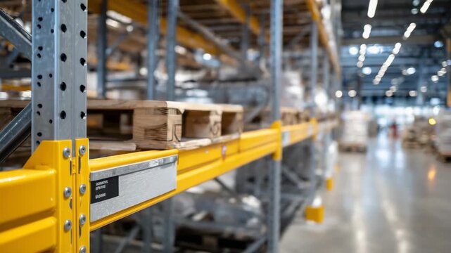 Close-up on warehouse metal shelving pieces arranged for assembly, beams, supports, and brackets detailed, floor reflecting ambient light, illustrating careful preparation for stor