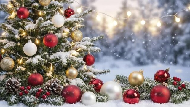A beautifully decorated evergreen tree stands adorned with vibrant red, shimmering gold, and pure white baubles, creating a festive atmosphere. Delicate string lights twinkle softly amidst the snow-du