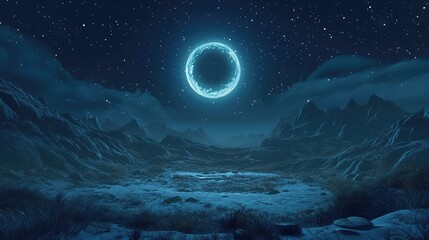 Glowing celestial body illuminating a rugged extraterrestrial valley at night, creating an other worldly, mysterious, and desolate natural sci fi environment