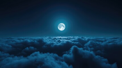 Full moon glowing over a vast cloudscape, moonlight spilling across fluffy clouds into a deep, tranquil night sky for a serene, mystical aerial view from above the atmosphere