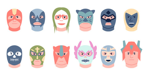 Mexican wrestler masks. Wrestler heads in mask, horrible lucha libre fighters accessories. Traditional mexico wrestling show avatars, recent vector set