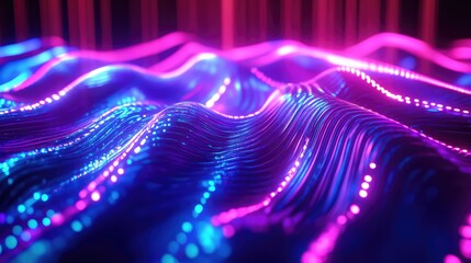 Wavy abstract surface showing bright neon lines and pulsating dots, representing digital data flow, network connectivity, and advanced technology concepts
