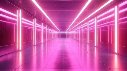 Futuristic hallway presenting a continuous perspective with glowing neon light strips, creating a high tech, abstract, and immersive cyber environment for digital concepts and virtual experiences