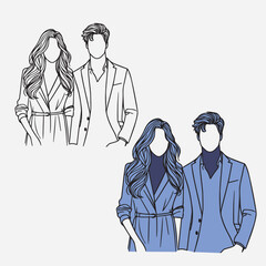 Fashion couple line art and colored vector illustration set